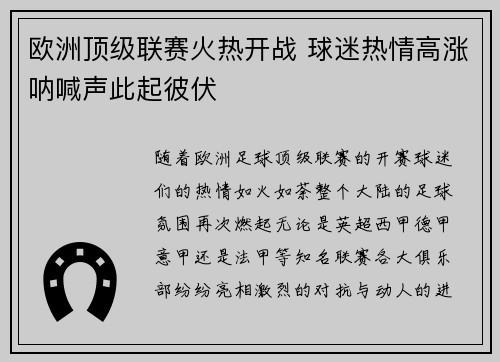 欧洲顶级联赛火热开战 球迷热情高涨呐喊声此起彼伏